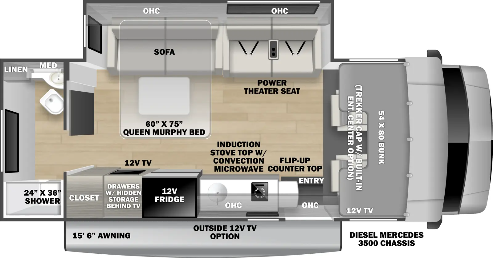 The 2400T is a class c with one slideout and one entry door. Exterior features a 15 foot 6 inch awning, and an optional 12 volt outside TV. Interior layout front to back: front cab with cab over bunk; off-door side slideout with power theater seating, queen murphy bed sofa, and overhead cabinets; door side entry, overhead cabinets, induction stove top with convection microwave, countertop with flip-up countertop extension, sink, 12 volt refrigerator, 12 volt TV with drawers and hidden storage behind, and closet; rear bathroom with linen cabinet. Optional Trekker cap with built-in entertainment center in place of cab over bunk.